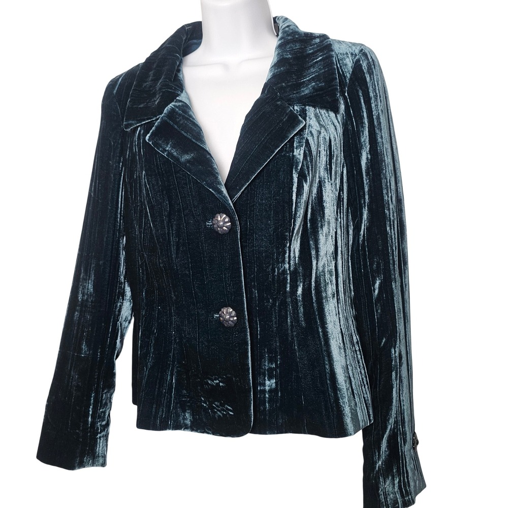 Dana Buchman VTG Silk Blend Crinkle Velvet Blazer 6 Teal Gothic Whimsigoth